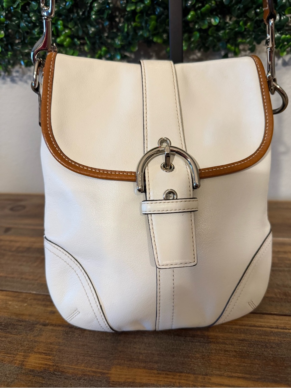 Coach White Leather Crossbody with Tan Trim and Silver Buckle
